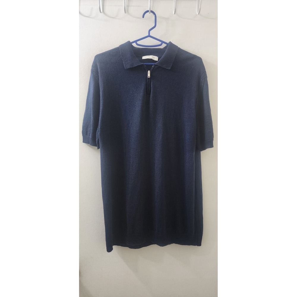 Daniele Fiesoli Italia Mens Navy Blue Linen Cotton Quarter Zip Knit Polo Shirt